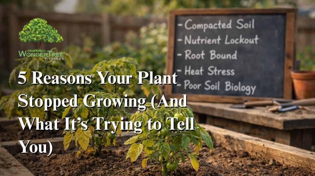 A gardener inspecting a stunted tomato plant in a backyard garden to understand why is my plant not growing.