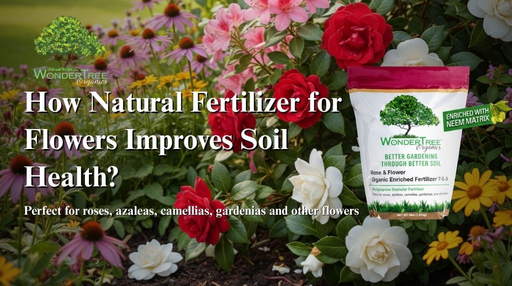 Natural organic fertilizer being applied to flower garden soil to improve plant health and bloom quality."